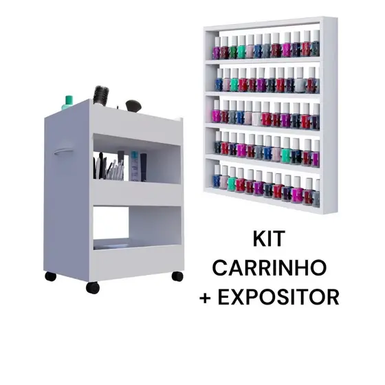 Kit Carrinho Auxiliar + Expositor Porta Esmaltes Manicure Nail Designer Cabeleireiro Pedicure