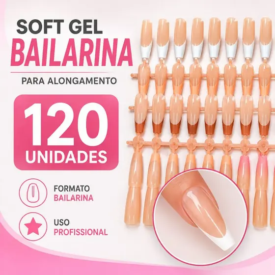 Unhas Soft Gel Bailarina Nude Francesinha C/120 Tips Helen Color