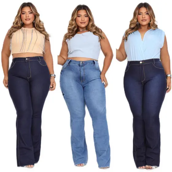 calça flare feminina jeans boca de sino com elastano levanta bumbum cintura alta plus