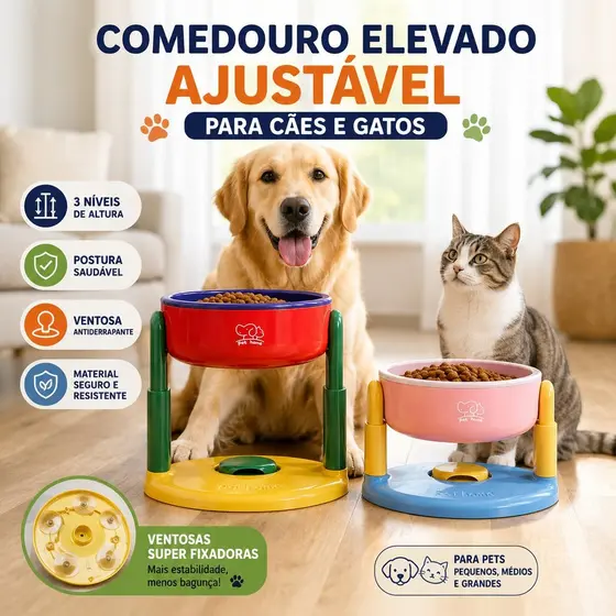 Comedouro Elevado Ajustável para Cães e Gatos com Ventosa Antiderrapante Tigela Ergonômica Regulável Pet