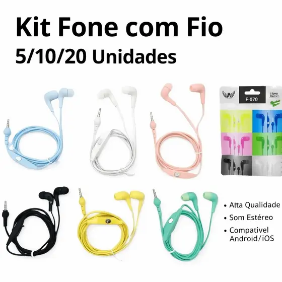 Kit 5/10/20 Fones de Ouvido Estéreo com Fio P2 – Cores Sortidas, Som Potente, Compatível com Celular/PC