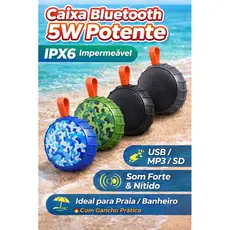 Caixa de Som Bluetooth 5W Sem Fio Portátil | Impermeável IPX, USB, MP3, Mini Speaker para Exterior