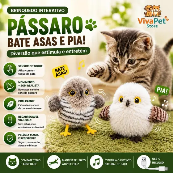 Brinquedo Interativo para Gatos Pássaro Realista com Sensor de Toque Bate Asas e Pia Recarregável USB