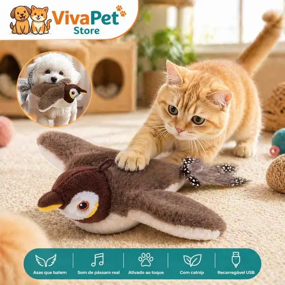 Brinquedo Interativo para Gato Pássaro Eletrônico com Som e Movimento USB Recarregável com Catnip