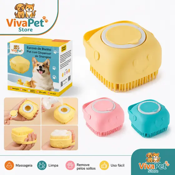 Escova de Banho Pet com Dispenser de Shampoo Silicone Massageador Removedor de Pelos para Cães e Gatos