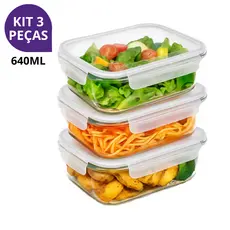 Kit 3 Potes Hermético Vidro 640ml Marmita Fitness Tampa 4 Travas Para Microondas e Freezer