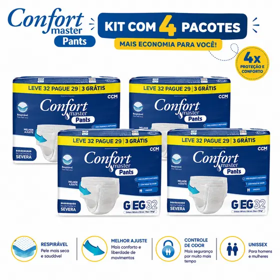 Kit 4 Pacostes de Fralda Confort Master Pants Totalizando 128un