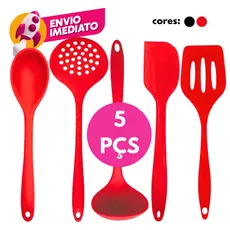 Kit 05 Pçs Em Silicone Jogo Com Espátula Vazada Espátula Pão Duro Colher Concha Escumadeira