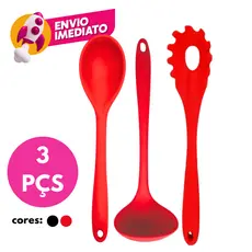Kit 03 Pç Jogo Em Silicone Maciço Com Colher Arroz Pegador Massas Concha Feijão Caldo