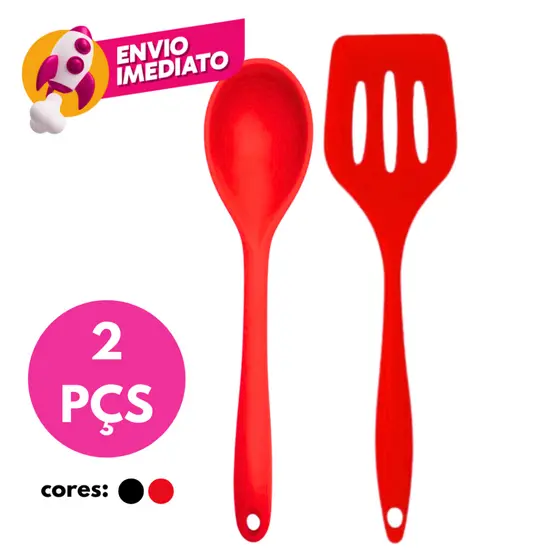 Kit Colher Arroz E Espátula Vazada Em Silicone Maciço Multiuso Para Panelas Teflon Ceramico