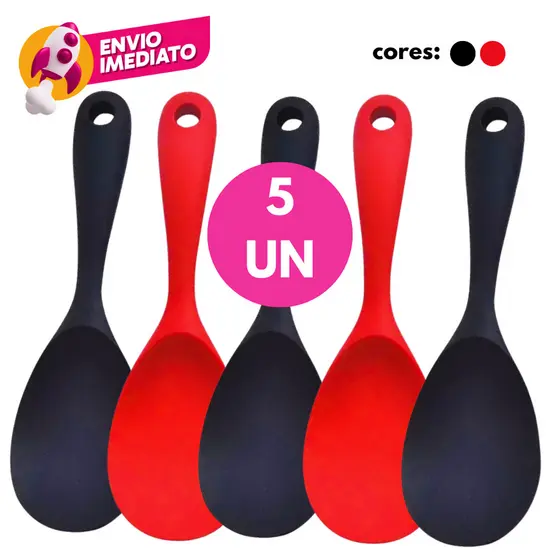 Kit 05 Un Colher Arroz Silicone Para Panela Elétrica Antiaderente Multiuso Preparar Servir