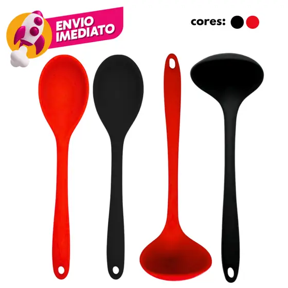 Kit 04 Pç: Colher Arroz E Concha Feijão Caldos Em Silicone Maciço Para Panelas Teflon Ceramico