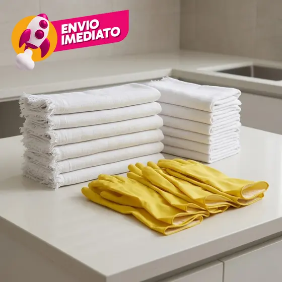Combo Pano Chão Saco Alvejado 45x70 Duplo 100% Algodão E Luva Látex Multiuso Para Limpeza