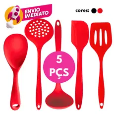 Kit 05 Pçs. Em Silicone Jogo Concha Colher Pequena Escumadeira Espátula Vazada Raspador Pão Duro