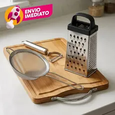 Kit Tábua Corte Madeira Descascador Legumes Ralador 4 Faces Peneira Utensilios Cozinha