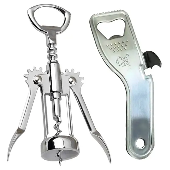 Kit Saca Rolhas Manual Garrafa Vinho E Abridor 2x1 Lata E Garrafa 14,5cm Inox Bar Bebida Cerveja