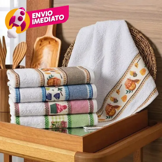 Kit Pano Prato Atoalhado Felpudo Branco 100% Algodão Estampa Transfer Guardanapo Copa Cozinha