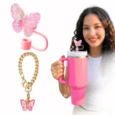 Kit 2 Acessórios Para Copo Térmico de 1200ml Borboleta Chaveiro Protetor de Canudo Silicone Feminino