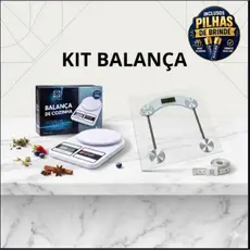 Kit Bem-Estar: Balança Digital de Cozinha 10kg + Balança Corporal Digital 180kg Vidro Temperado