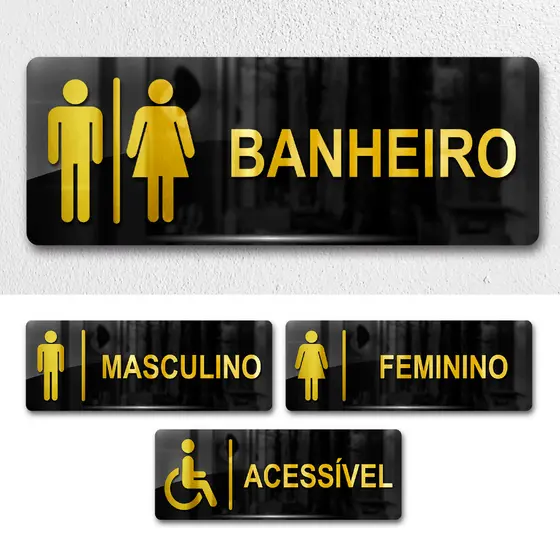 Placa Sinalização Banheiros WC 1/2/3/4 und - Acrílico Espelhado - Feminino, Masculino, Acessível