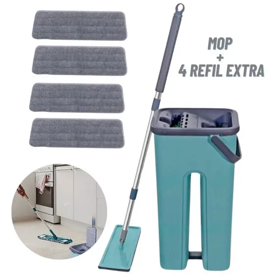 Mop Flat Esfregão Com Balde Rodo Mágico Lava Seca Tira Pó + 4 e 2 Refil