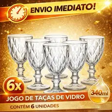 Kit de Jogo de Taças Diamond Copos Cristal Ecológico 340ml Vidro Transparente com 6 taças