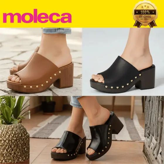 Tamanco Moleca Feminino Meia Pata Peep Toe Apliques Conforto Macia Slide Salto Grosso Bloco Original