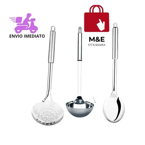 Kit 3 Peças Utensilios De Conzinha Colher De Arroz Concha Escumadeira Aço Inox