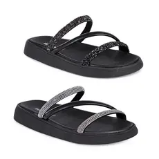 Sandália Moleca Tira Tripla Feminino Brilho Elegante Confortável Macia Leve Casual Moda Blogueira