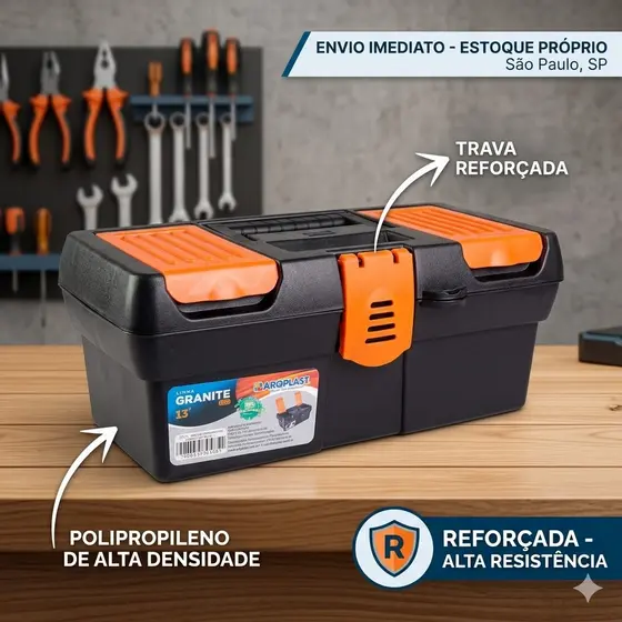 Maleta Ferramentas Reforçada Granite Arqplast 13 Pol Profissional Organizador Multiuso Resistente Com Alça