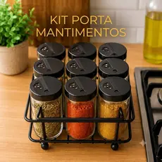 Jogo Porta Tempero Condimento Vidro Organizador Cozinha Armário Bancada Suporte Aramado Preto Decoração