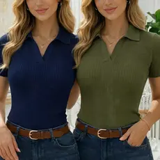 Kit 2 Blusas Polo Feminina Manga Curta Decote V Canelada Confortável