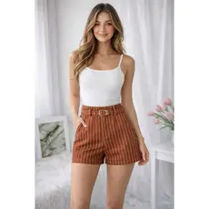 Short Alfaiataria Feminino Listrado cintura alta Com Cinto Argola Luxo