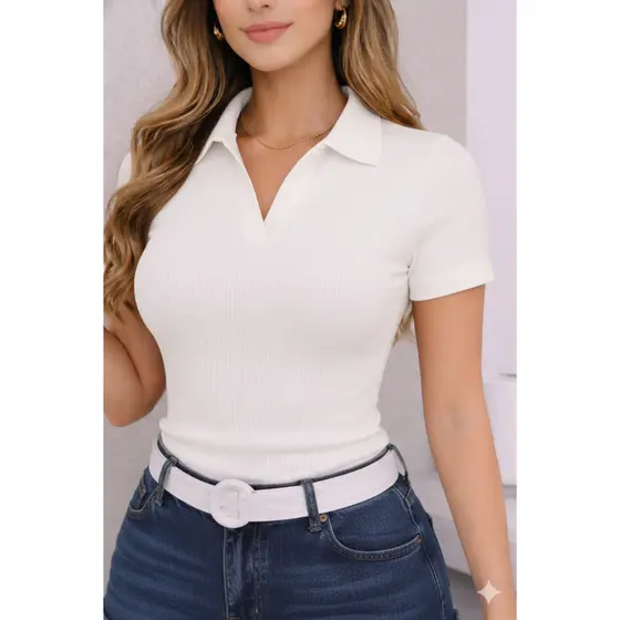 Blusa Polo Feminina Decote V Ajustada Canelada Tend锚ncia Moda do P ao G