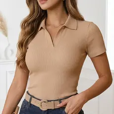 Blusa Polo Feminina Decote V Ribana Ajustada Casual Elegante