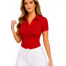 Blusa Feminina Manga Curta Ribana com Listras Verticais Modernas