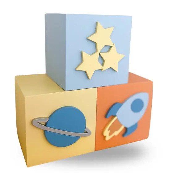 Kit 3 Cubos Decorativos Mdf Infantil Bebê Astronauta Menino Foguete Estrelas