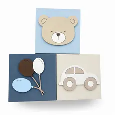 Kit 3 Cubos Decorativos Mdf Infantil Bebê Ursinho Carrinho Boho Menino Marrom Vintage
