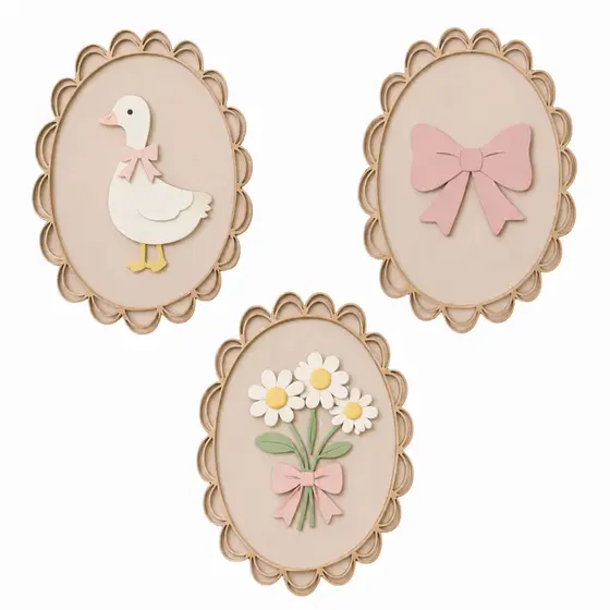 Kit 3 Quadrinhos Decorativos MDF | Patinho, Laço e Buquê de Margaridas | Decoração Infantil Bebê Delicada e Artesanal
