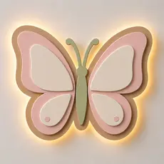 Borboleta Decorativa MDF com LED | Enfeite de Parede Infantil Rosa Off White e Verde | Decoração Quarto Bebê Delicada