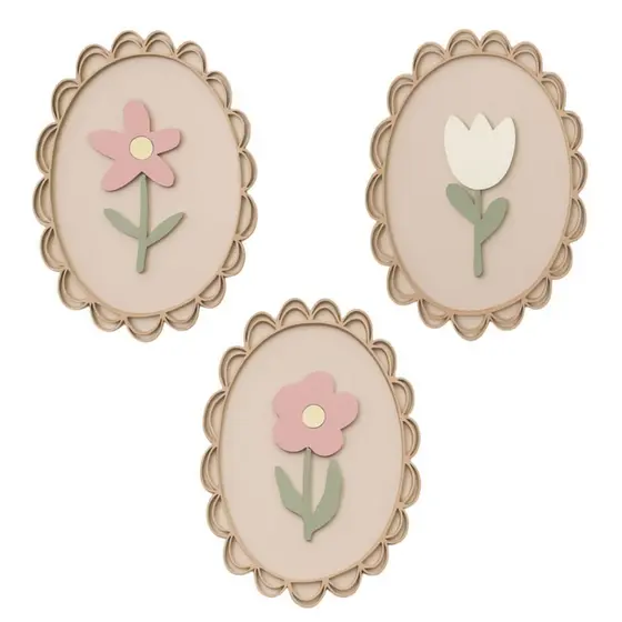 Kit 3 Quadrinhos Decorativos Flor Provençal MDF • Quarto Infantil • Decoração Delicada - Jardim Encantado