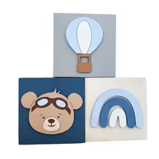 Kit 3 Cubos Decoração Bebê Ursinho Urso Aviador Azul Marinho Balão Baloeiro Menino