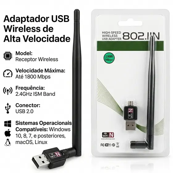 Antena Wifi Adaptador USB Receptor Wireless Para Rede Sem Fio Pc E Notebook 1800Mbps - Promoção