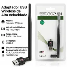 Antena Wifi Adaptador USB Receptor Wireless Para Rede Sem Fio Pc E Notebook 1800Mbps - Promoção