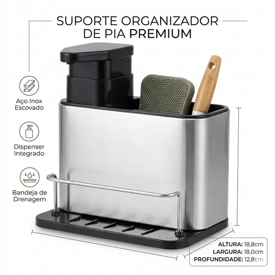 Escorredor Dispenser Detergente Suporte Inox PortaTalhares Esponja Bucha Detergente Pia Cozinha
