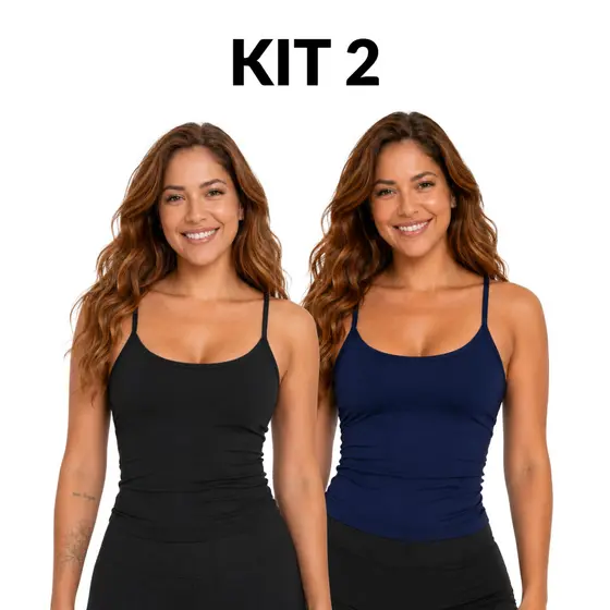 Kit 2 Regatas Alça Fina Feminina Poliamida Forro Duplo Slim