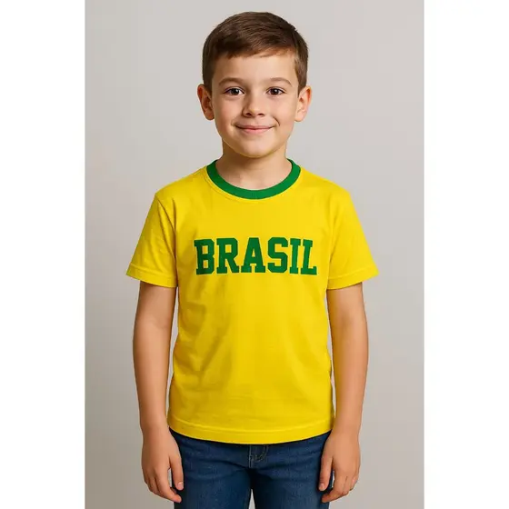 Camisa Brasil Unissesx Básica Amarela Saldo Juvenil 10 ao 14 Poliéster Festa Temática + Brinde