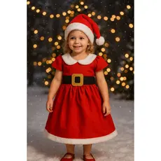 Vestido Natal Mamãe Noel vermelho infantil menina com gorro festa e ensaios