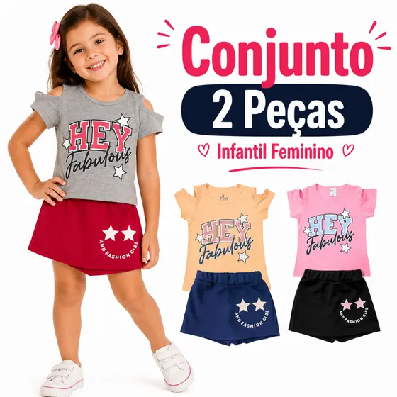 Conjunto Infantil Feminino Short Saia Menina Confortável 100% Algodão Estampa Glitter 2 Peças