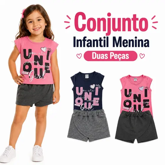 Conjunto Infantil Menina Duas Peças Blusa E Short Saia Feminino Tamanho 04 Ao 12
